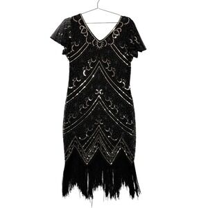 FUNDAISY Womens Flapper Dress‎ 2XL Black Gold Sequin Bead Art Deco Fringe Gatsby